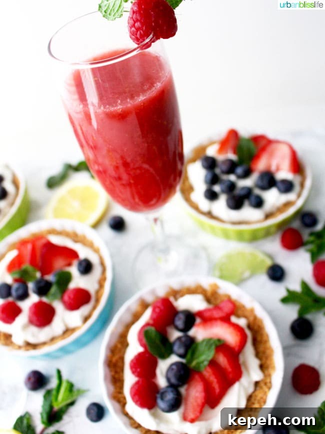 Raspberry Lime Bellini: Sparkling Brunch Cocktail Recipe 9 Raspberry Bellini with mini fruit tarts