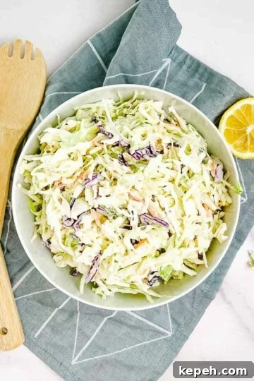 A closeup of homemade coleslaw in a white bowl.