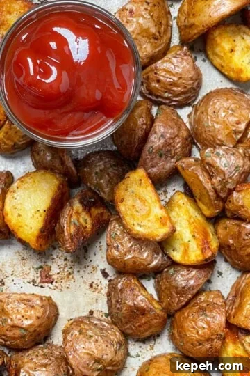 Baby red potatoes oven roasted until crispy with seasonings and served with a side of ketchup.