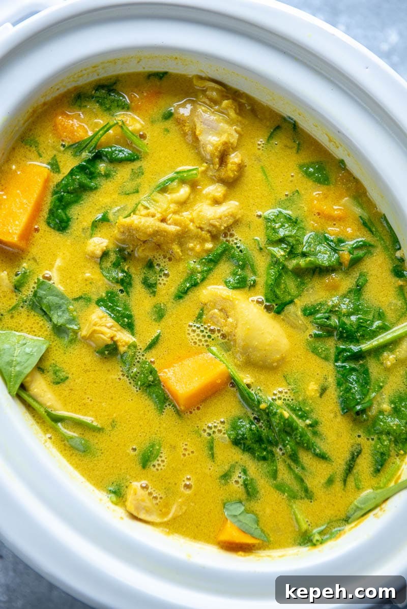 Creamy Coconut Milk Slow Cooker Chicken Recipe 5 cooked coconut milk chicken in a slow cooker