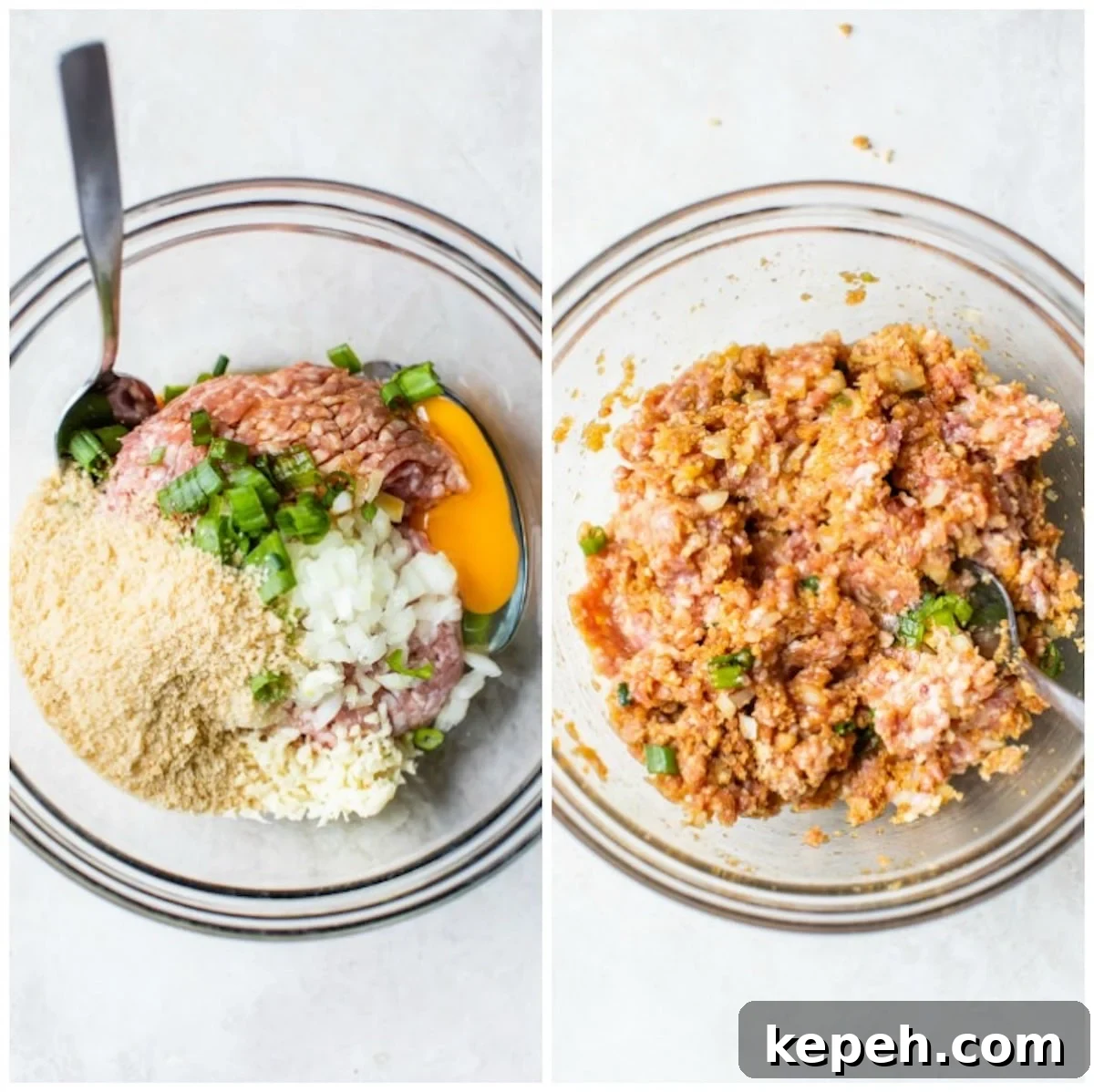 Sticky Teriyaki Pork Meatballs with Ginger and Sesame 5 raw meat, breadcrumbs, egg, and onion in a glass mixing bowl