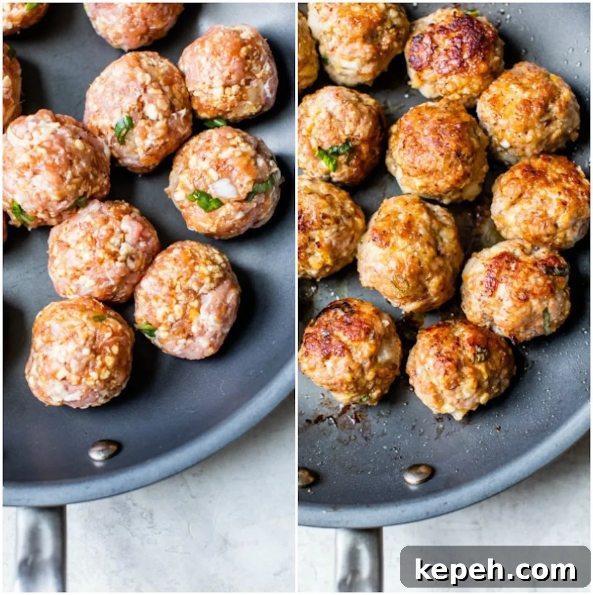 Sticky Teriyaki Pork Meatballs with Ginger and Sesame 6 meatballs cooking in a skillet