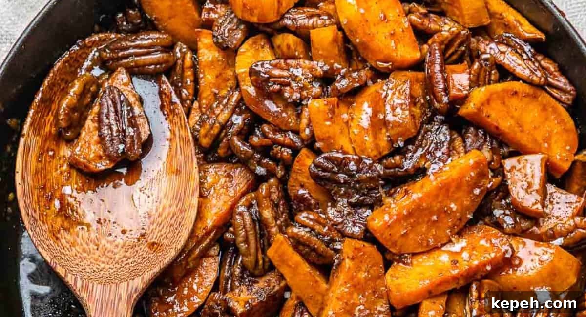 Up close image of baked candied sweet potatoes.