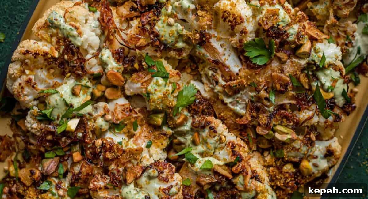Overhead image of cauliflower steaks with caramelized shallots.