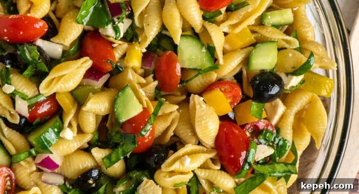 Overhead image of balsamic pasta salad.