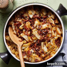 Fried cabbage with bacon and onions