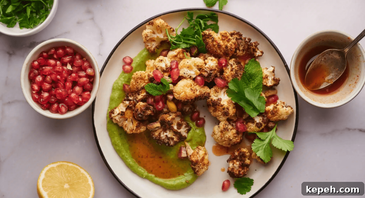 Overhead image of air fryer cauliflower with garnish.