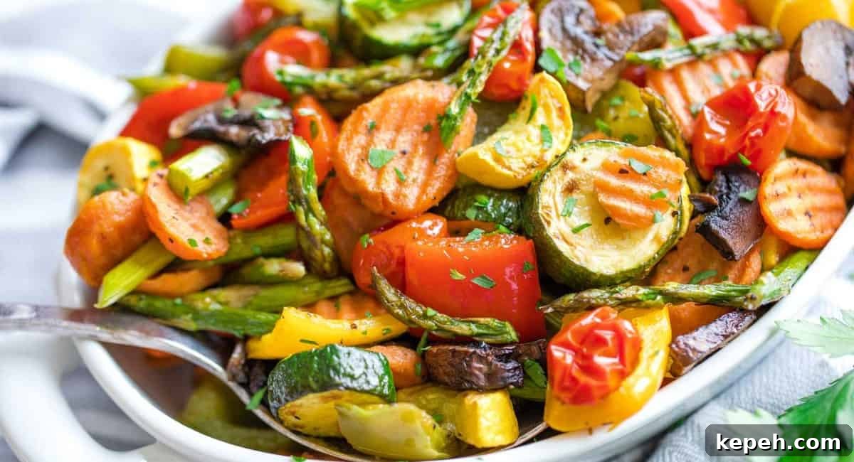 Up close image of oven roasted vegetable medley.