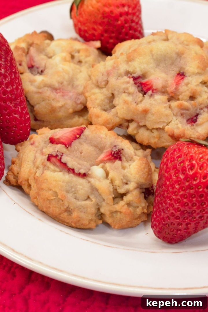 Strawberry Cheesecake Cookie Recipe: Soft Baked Strawberry Swirls 11 Strawberry Cheesecake Cookies are a pudding cookie recipe made with cheesecake pudding, fresh strawberries and white chocolate chips.