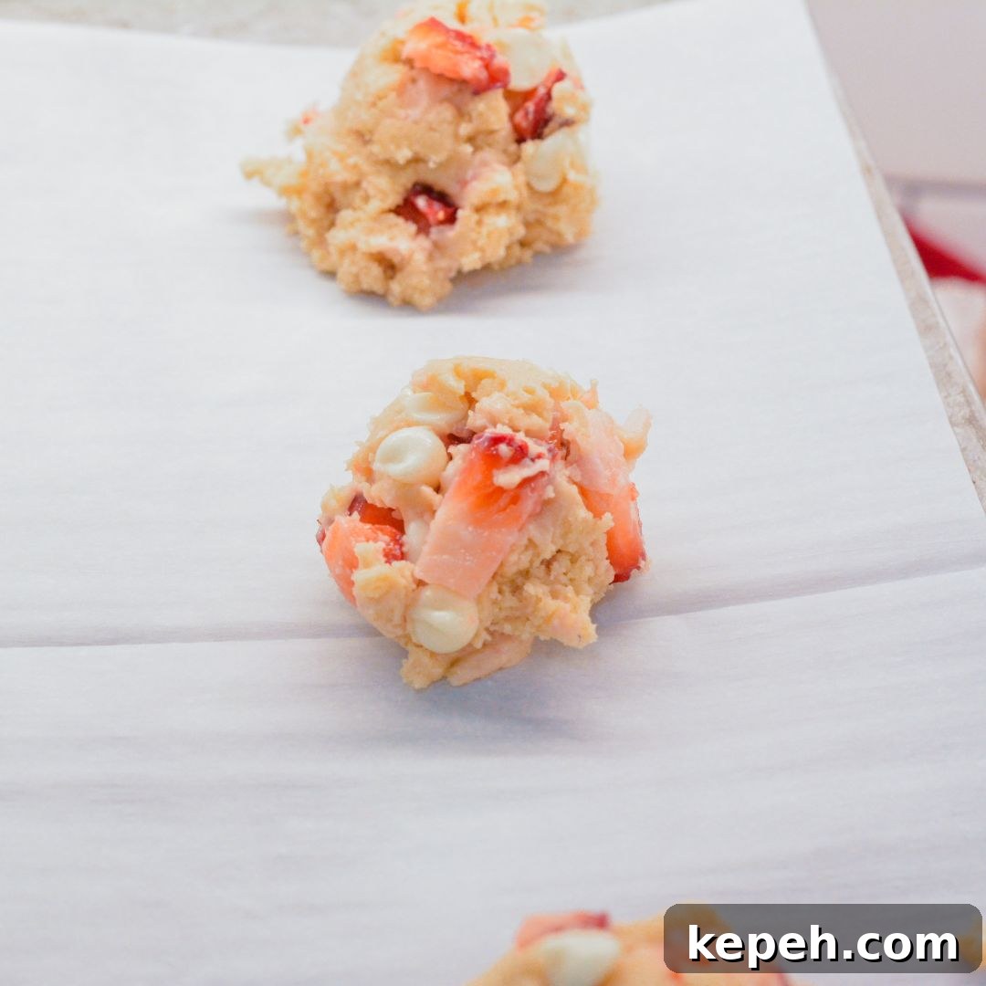 Strawberry Cheesecake Cookie Recipe: Soft Baked Strawberry Swirls 9 Use a tablespoon or hinged cookie scoop to place the cookie dough on a parchment paper lined baking sheet or cookie stone.