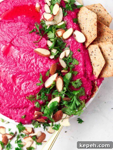 Beetroot dip on a plate with crackers and fresh parsley on top.