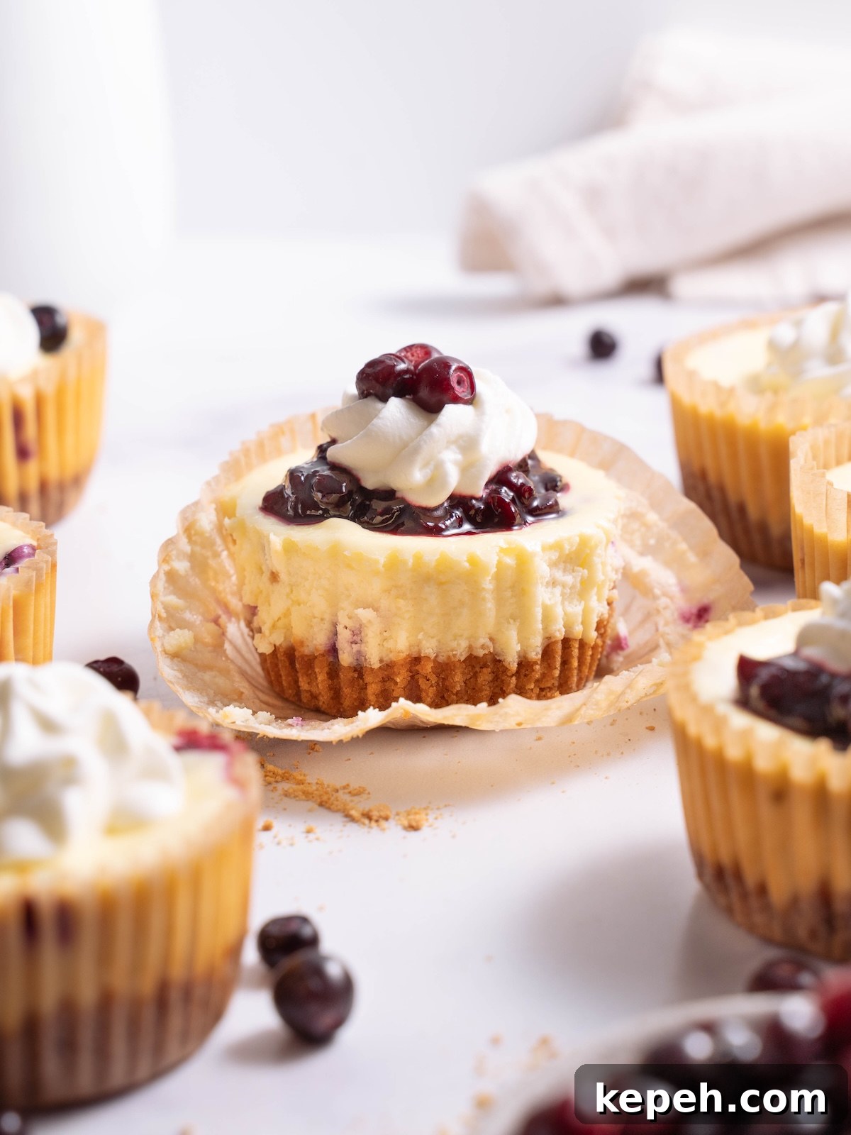 Mini Huckleberry Cheesecake Bites: Tangy Dessert Recipes 2 Miniature cheesecakes, topped with wild huckleberry compote