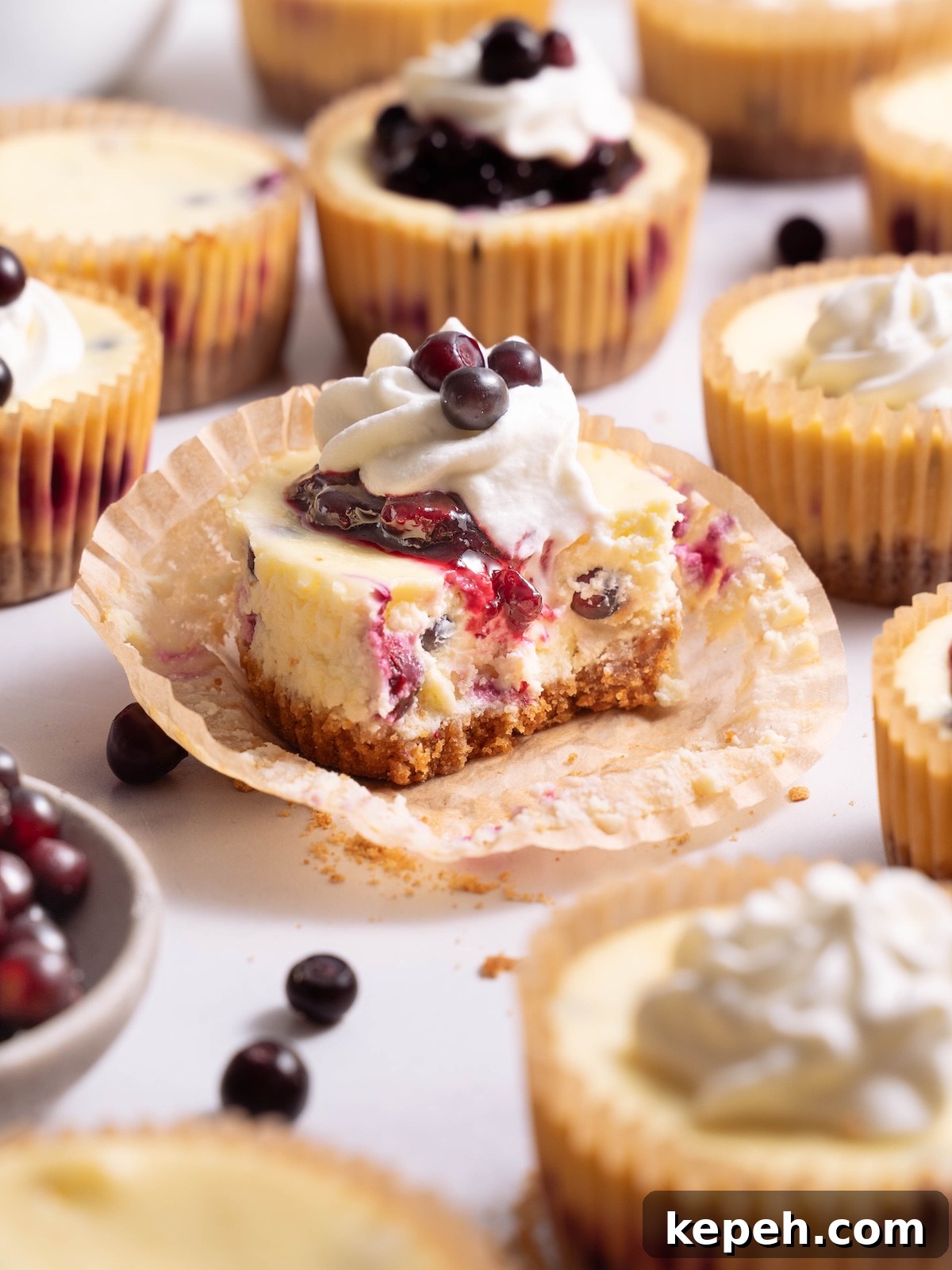 Mini Huckleberry Cheesecake Bites: Tangy Dessert Recipes 9 A bite taken out of a mini cheesecake filled with huckleberries