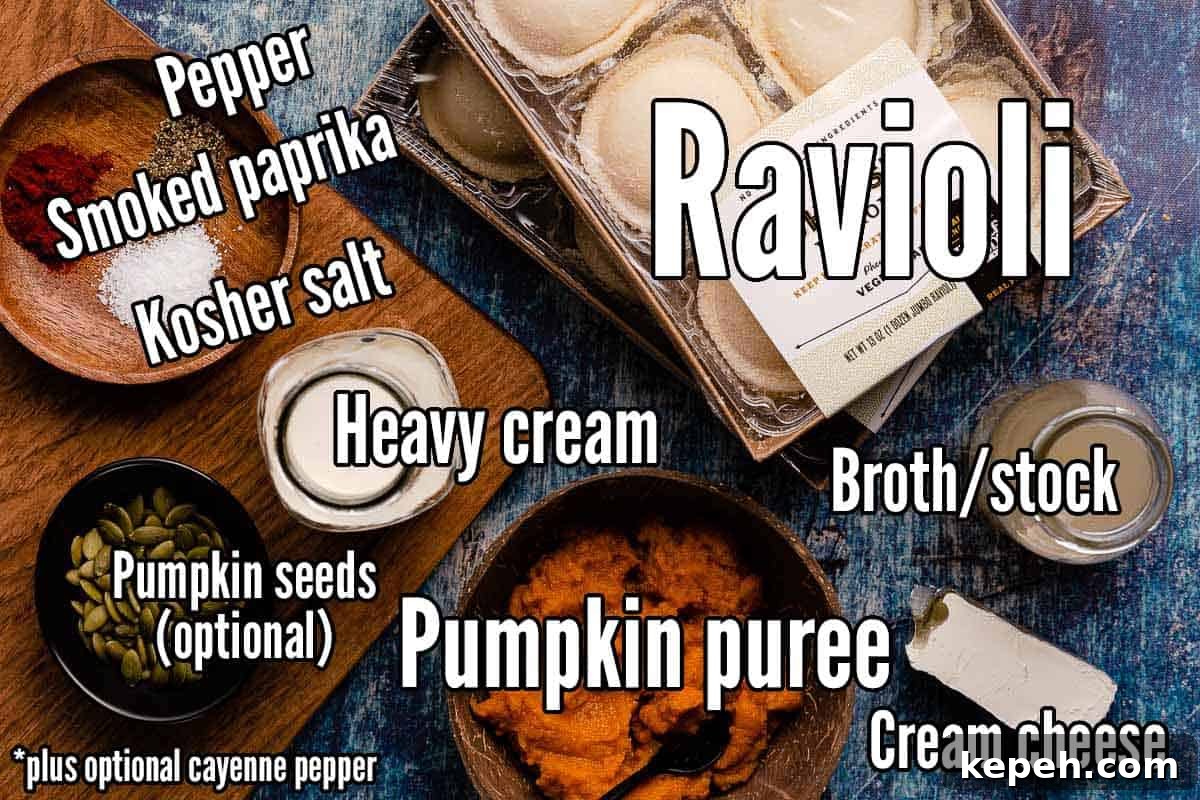 recipe ingredients for creamy pumpkin ravioli with text overlay