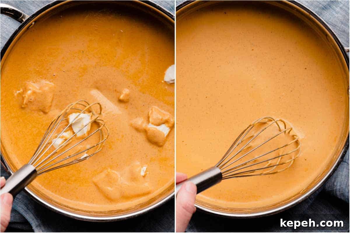 collage of chunks of cream cheese added into sauce and being whisked into sauce