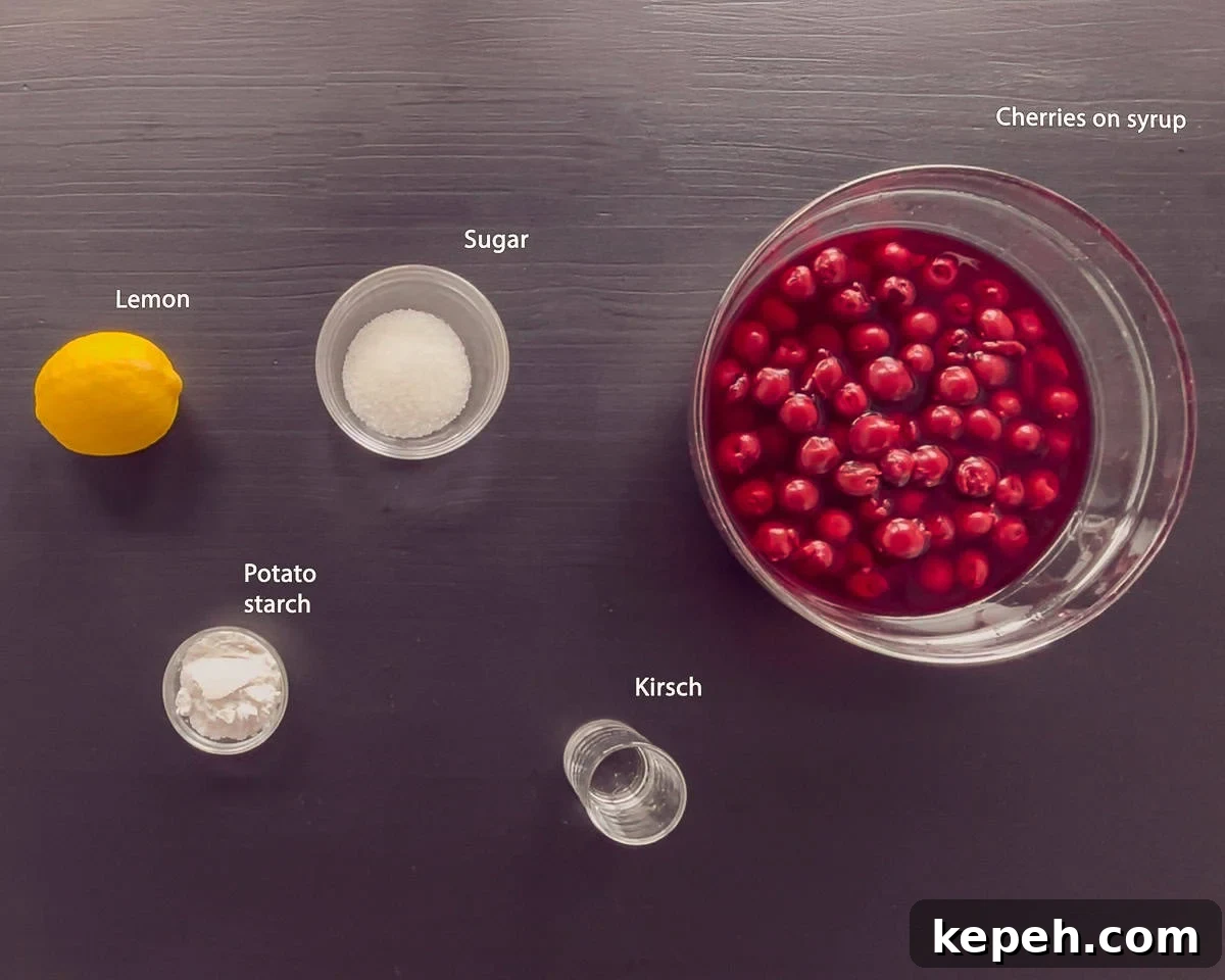 ingredients for Dutch Kersenvlaaivulling cherry pie filling on a black background with text description