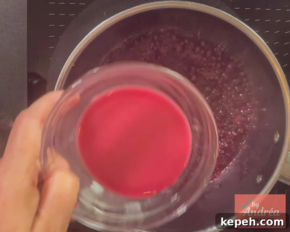 The cherry juice is thickened with a potato starch slurry