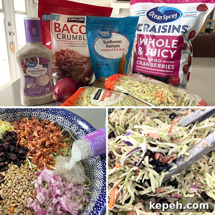 Crunchy Broccoli Slaw with Creamy Dijon Dressing 5 3-Photo picture collage of step-by-step photos of how to make broccoli slaw salad.