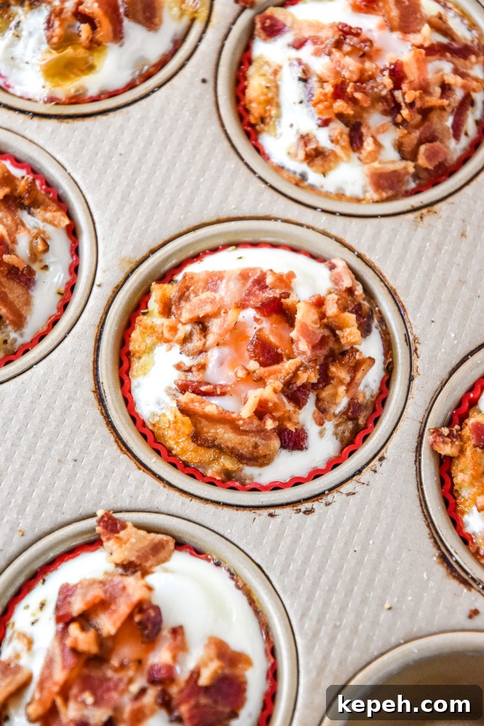 Tater Tot Crust Baked Egg Cups: Crispy Potato Breakfast Cups 9 just cooked tater tot crust baked egg cups in the muffin pan with chopped bacon on top.