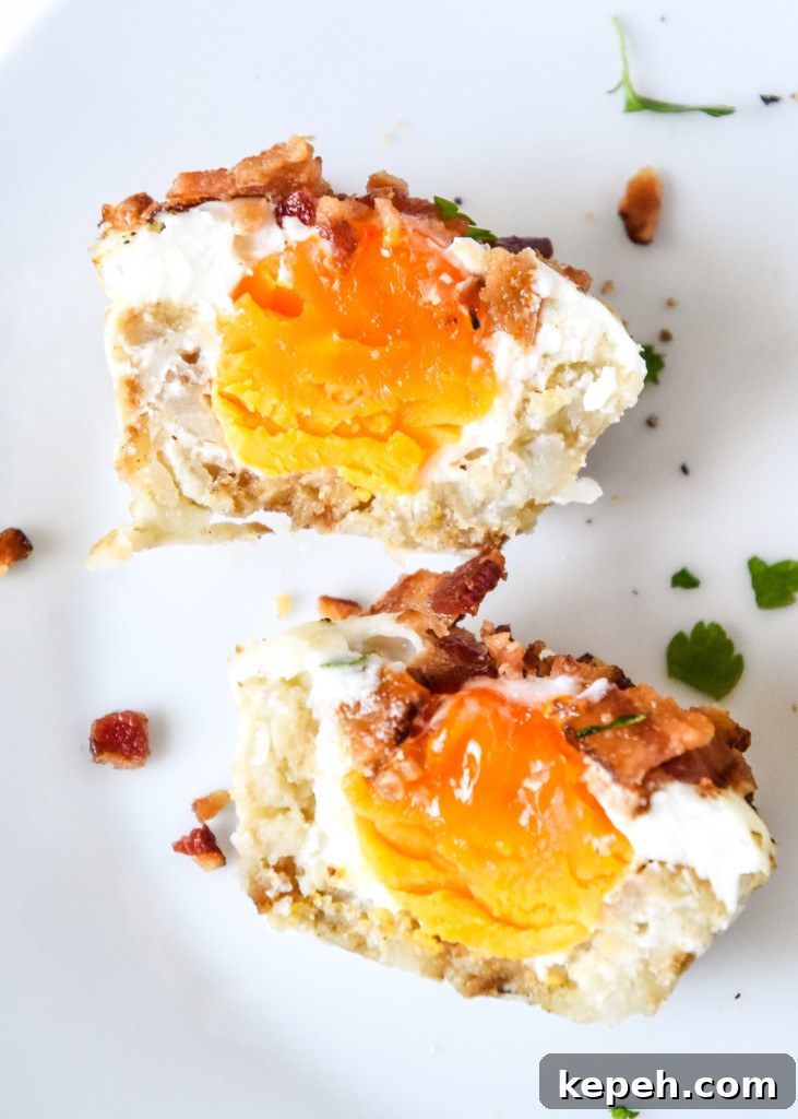 Tater Tot Crust Baked Egg Cups: Crispy Potato Breakfast Cups 14 tater tot crust baked egg cups cut in half on a white plate.