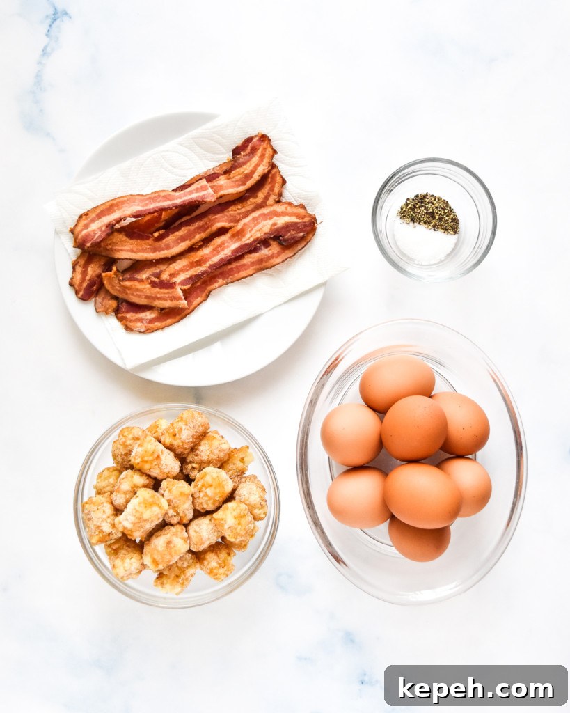 Tater Tot Crust Baked Egg Cups: Crispy Potato Breakfast Cups 3 ingredients on a counter for the tater tot crust baked egg cups before cooking.