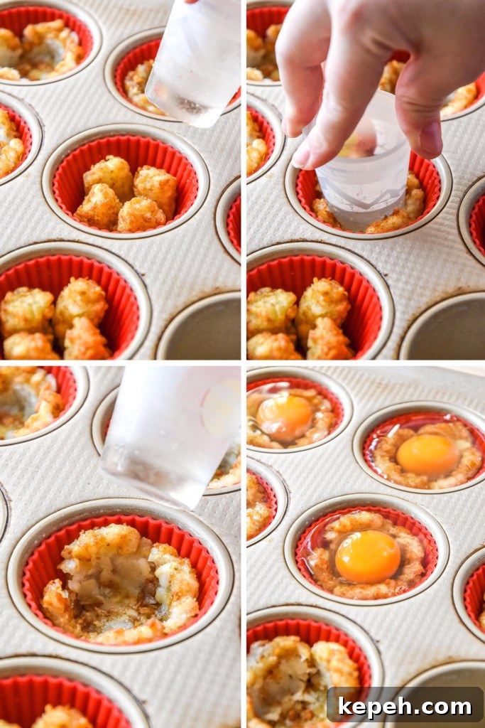 Tater Tot Crust Baked Egg Cups: Crispy Potato Breakfast Cups 7 step by step of smashing tots and adding an egg to each muffin pan well.