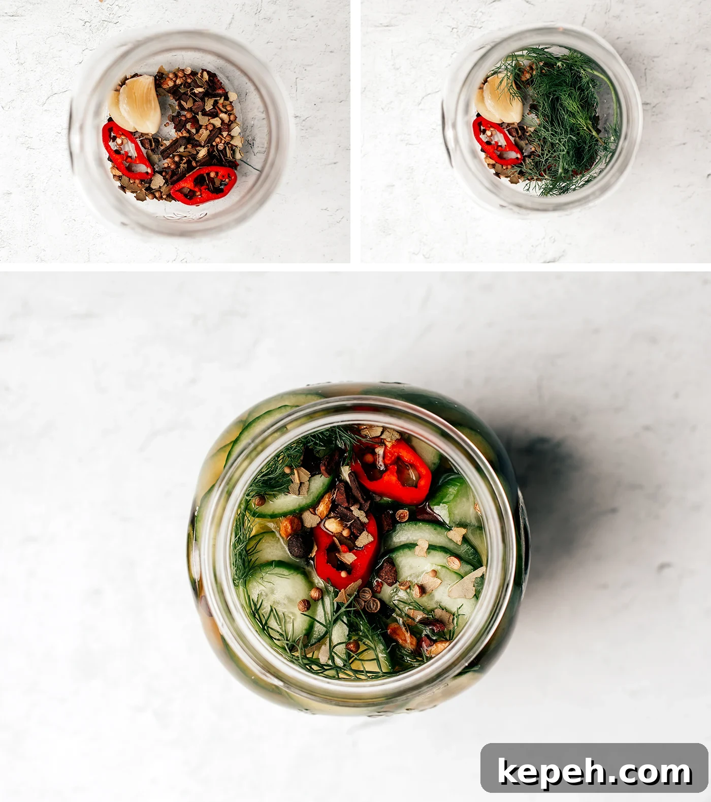 Quick Refrigerator Pickles: Crisp No-Cook Dill Recipe 4 Process shots of filling jar with pickling spices, herbs, and then pickles and brine.