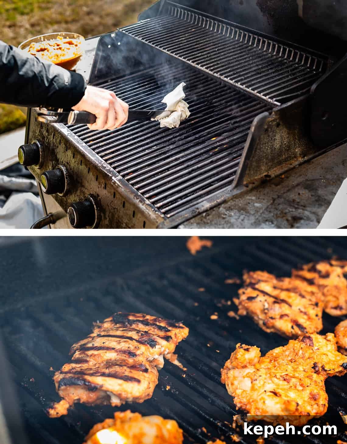 Authentic Chicken Shawarma Recipe: Juicy Middle Eastern Wraps 12 top: oiling grill grate with paper towel, bottom: chicken piece on grill.