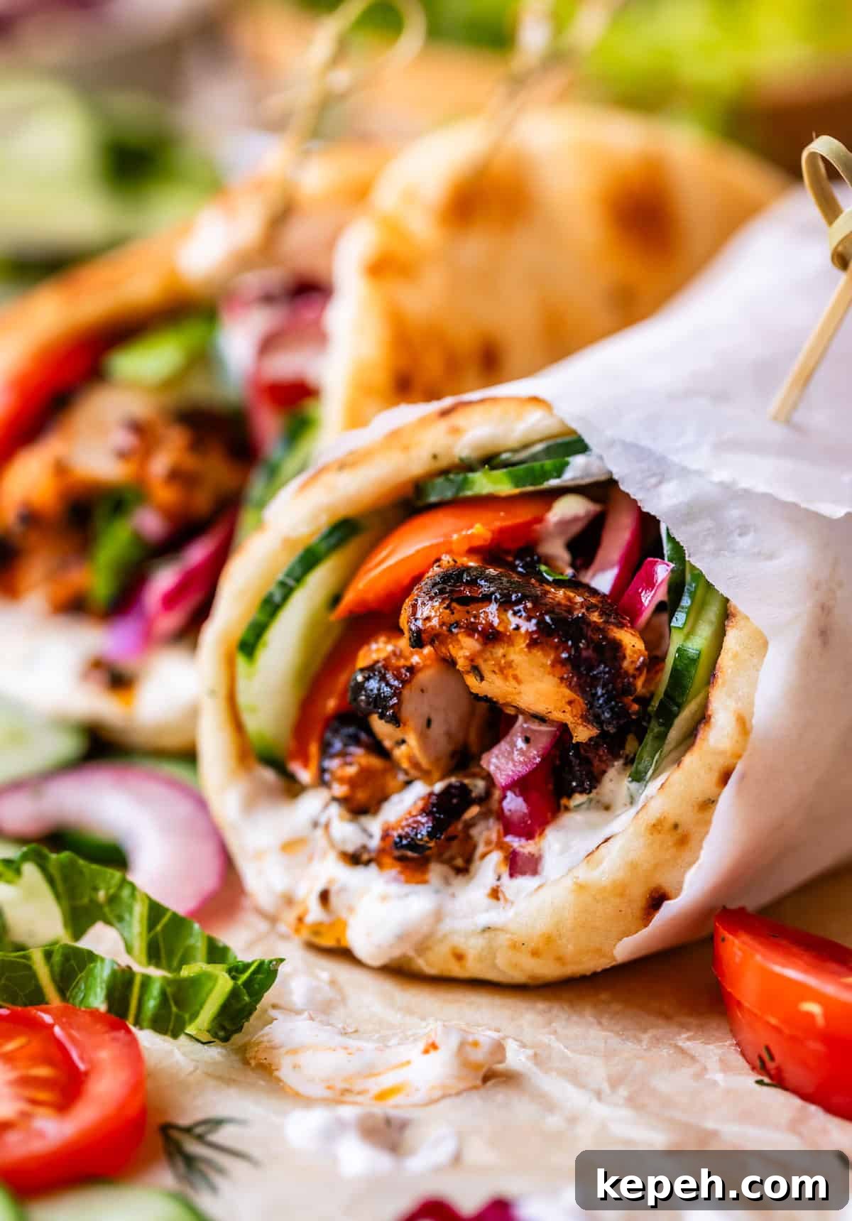 Authentic Chicken Shawarma Recipe: Juicy Middle Eastern Wraps 15 parchment paper wrapped chicken shawarma layered with tomato and cucumber in naan.