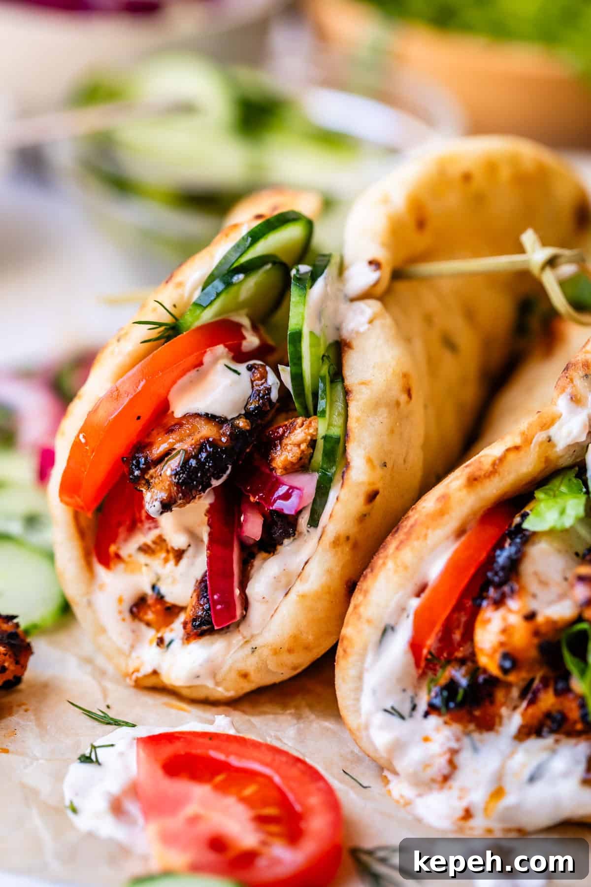 Authentic Chicken Shawarma Recipe: Juicy Middle Eastern Wraps 3 side of two chicken shawarma naan with toothpicks holding the tops together.