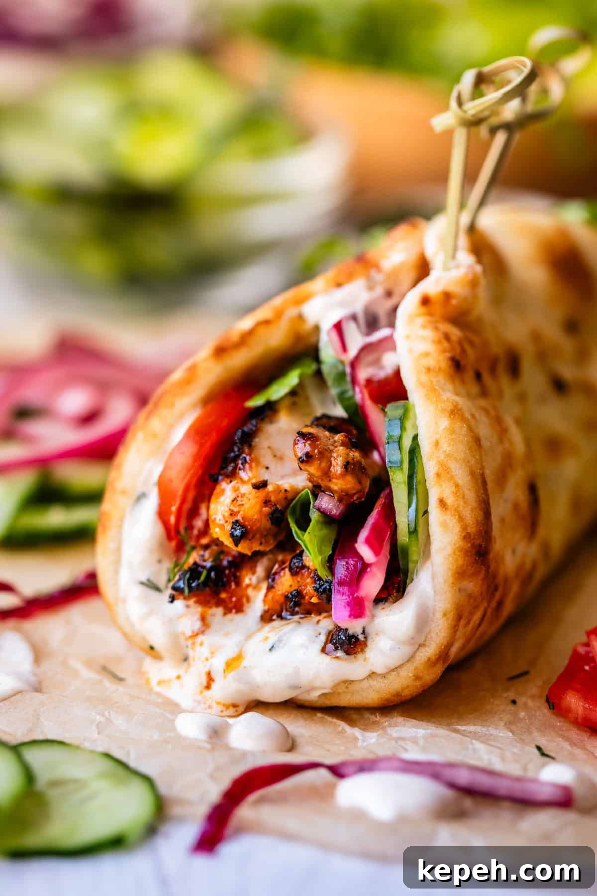 Authentic Chicken Shawarma Recipe: Juicy Middle Eastern Wraps 4 chicken shawarma in naan with cucumber, onion, and garlic sauce on parchment paper.