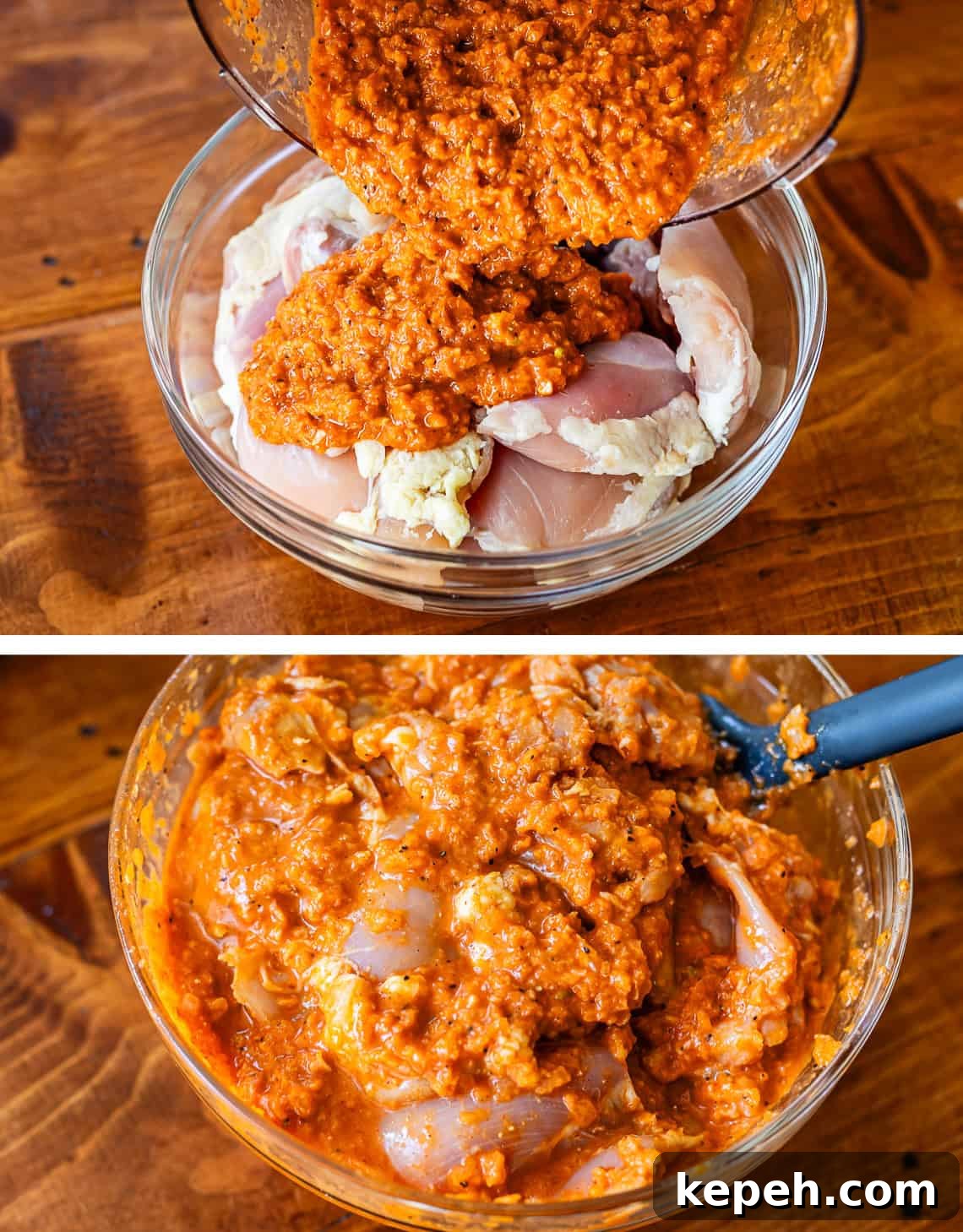 Authentic Chicken Shawarma Recipe: Juicy Middle Eastern Wraps 10 top: pouring marinade over raw chicken, bottom: marinade stirred into chicken.