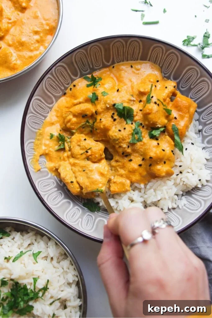 Chicken korma in a bowl over rice, with more curry on the side.