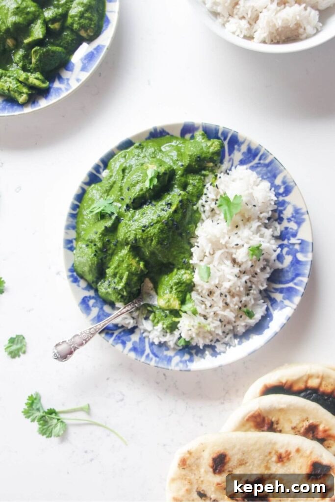 Chicken saag on a white and blue plate with rice, with more curry and naan on the side.