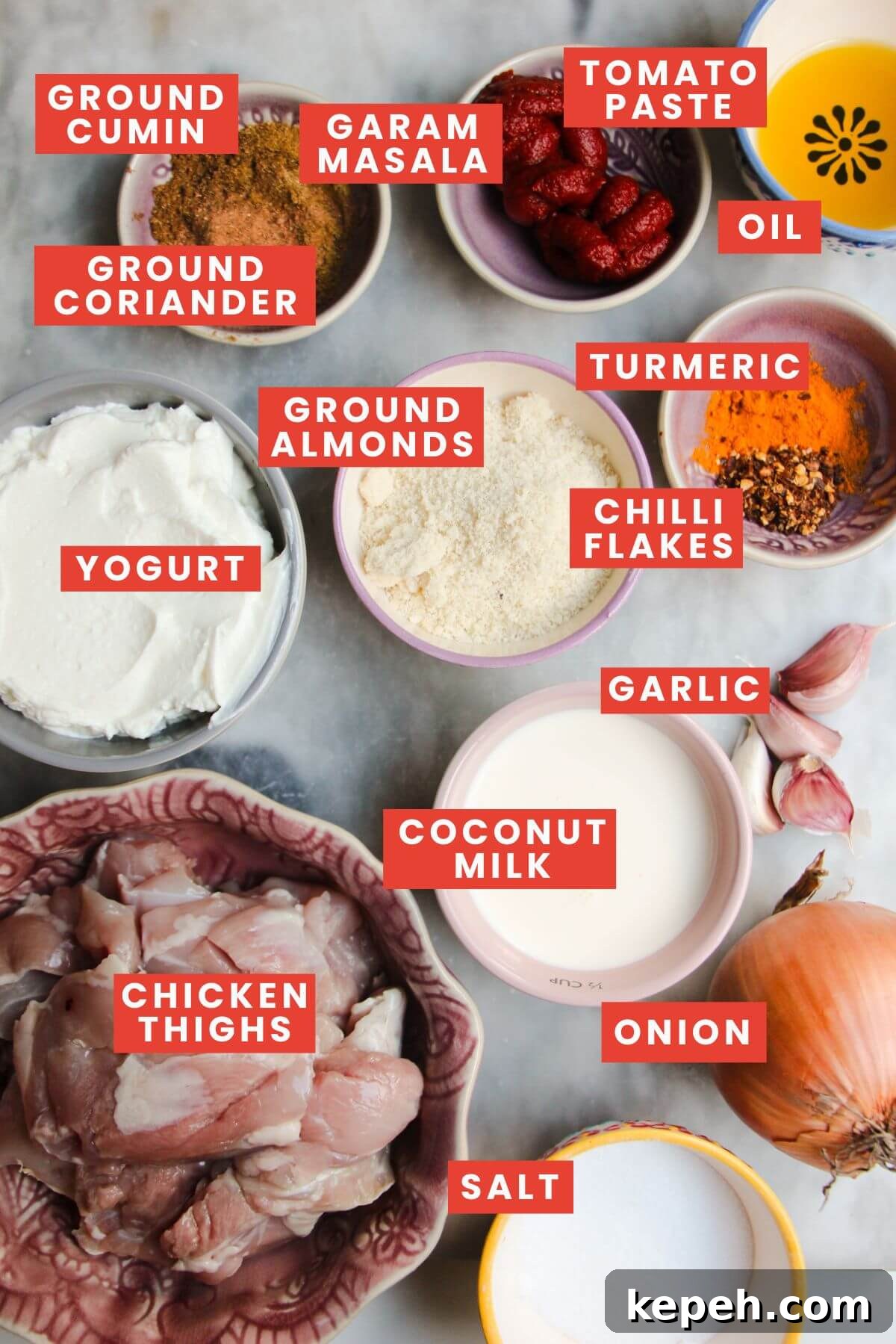 Ingredients for chicken korma laid out on a kitchen surface and labelled.
