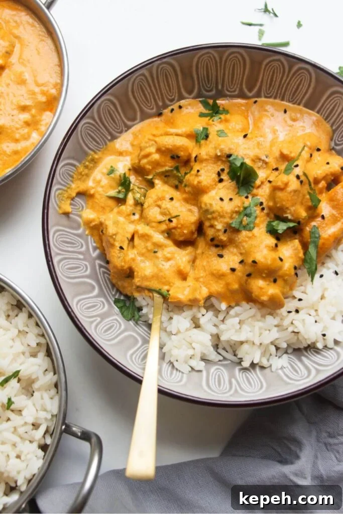 Chicken korma in a bowl over rice, with more curry on the side.
