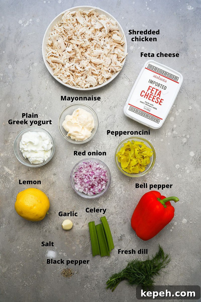 Ingredients used to make feta chicken salad