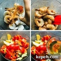 coating shrimp & veggies with seasoning in a clear bowl with a red spatula