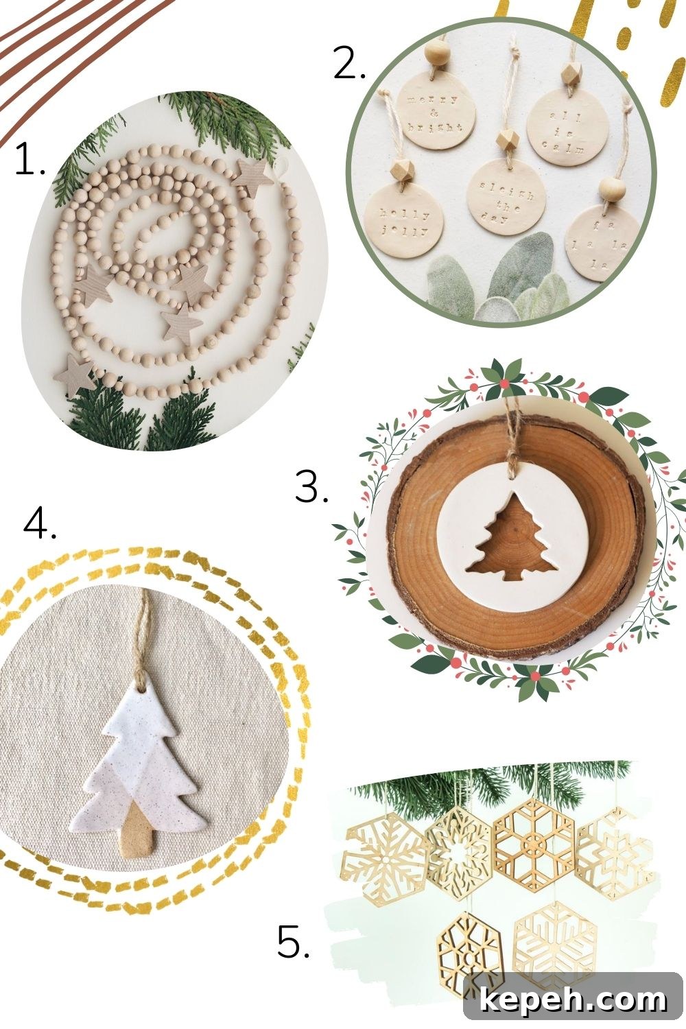 Minimalist Christmas Decorating Ideas for a Calm, Stylish Holiday 4 Collage of handcrafted minimalist Christmas ornaments and tree decorations.