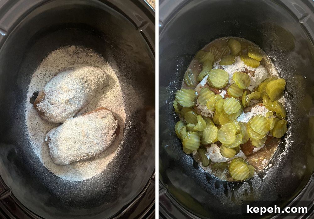 two photos; one shows chicken breasts and seasonings in a crock pot; the other shows dill pickle chips and juice added to the crock pot.