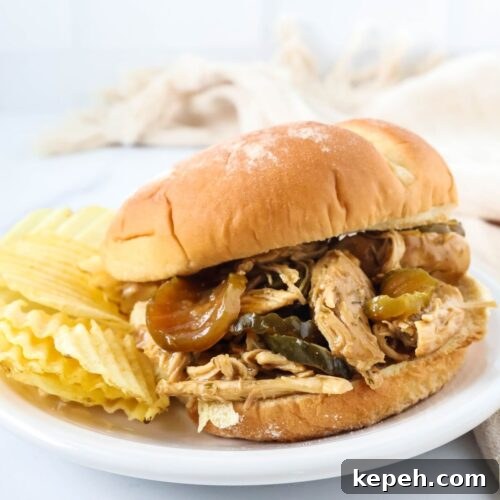 Dill pickle chicken served on a bun, placed on a white plate with potato chips on the side.