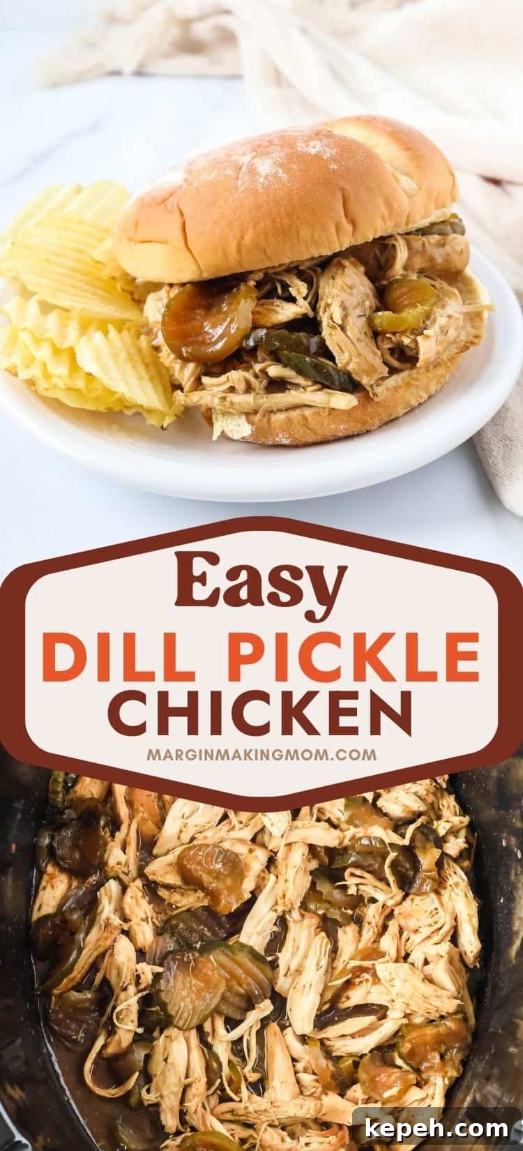 two photos; one shows a dill pickle chicken sandwich with potato chips on a white plate; the other shows the dill pickle chicken in a slow cooker.
