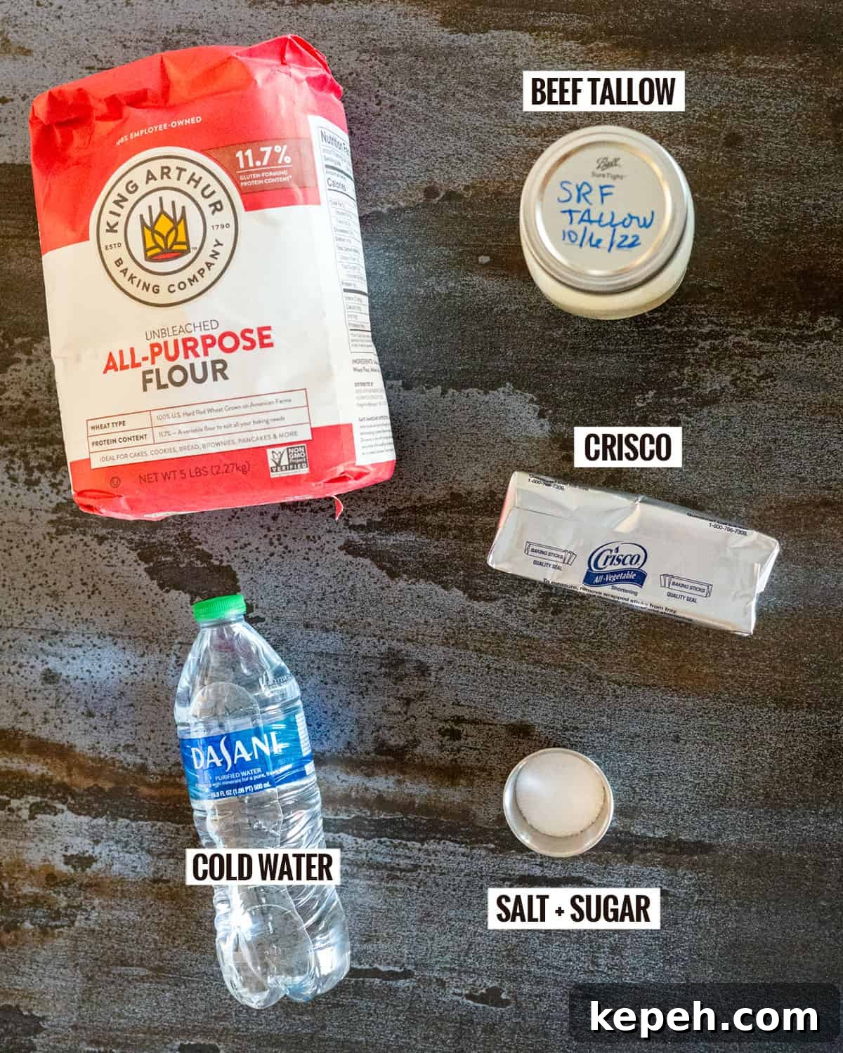 Flaky Pie Crust Recipe for Sweet and Savory Pies 4 pie crust ingredients: flour, tallow, crisco, water, salt and sugar.