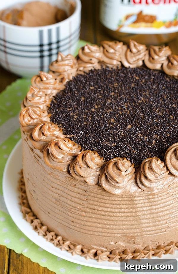 Decadent Nutella Chocolate Cake – moist, rich and super chocolaty cake frosted with rich and buttery Nutella frosting .