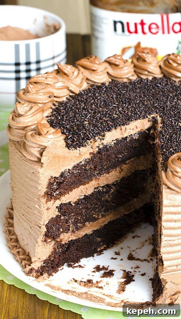 Decadent Nutella Chocolate Cake – moist, rich and super chocolaty cake frosted with rich and buttery Nutella frosting .