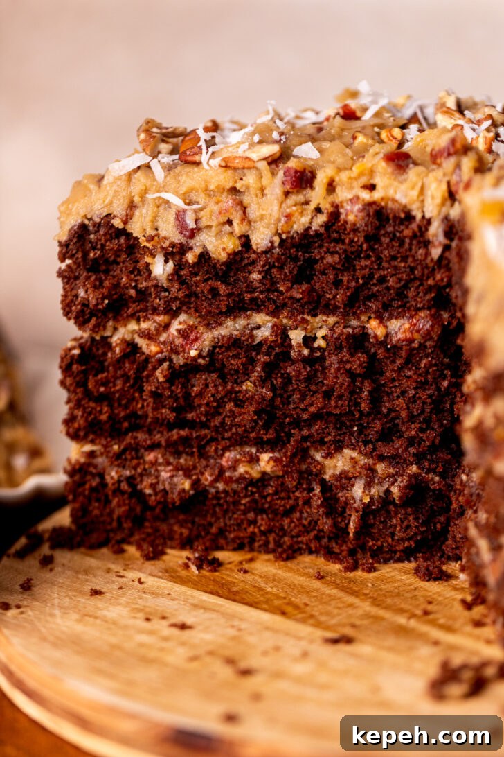 Authentic German Chocolate Cake Recipe for Decadent Dessert 2 Side view of german chocolate cake.