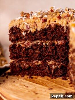 Authentic German Chocolate Cake Recipe for Decadent Dessert 12 Side view of german chocolate cake.