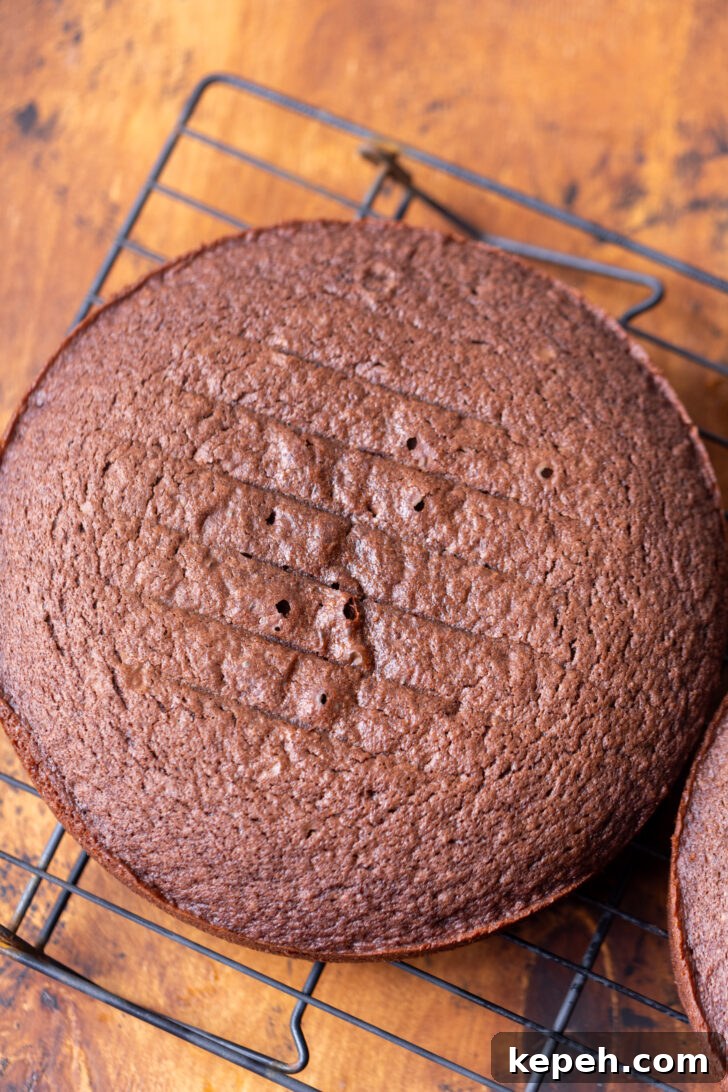 Authentic German Chocolate Cake Recipe for Decadent Dessert 6 Chocolate cake on a wire rack.