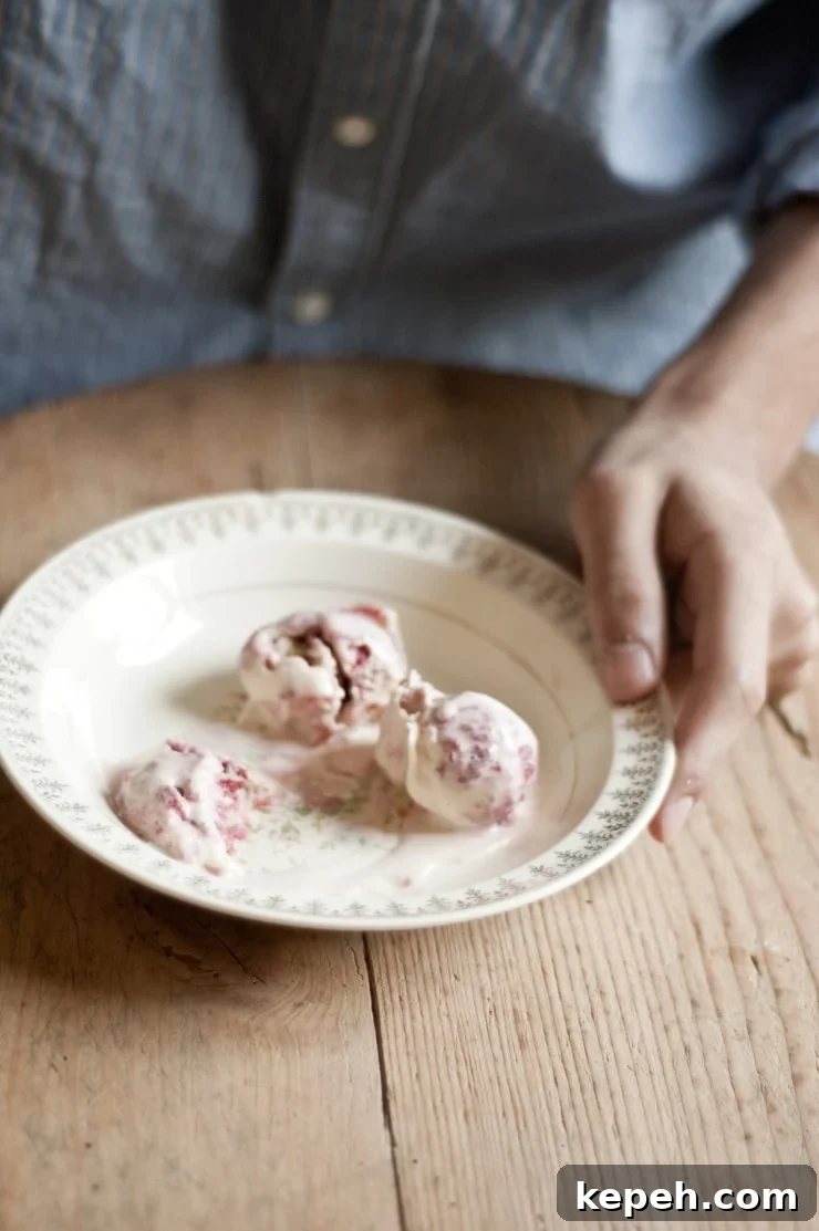 Strawberry Vanilla Swirl Ice Cream Recipe — Creamy Homemade Dessert 3 A delightful vanilla ice cream recipe swirled with homemade strawberry sauce. | sophisticatedgourmet.com
