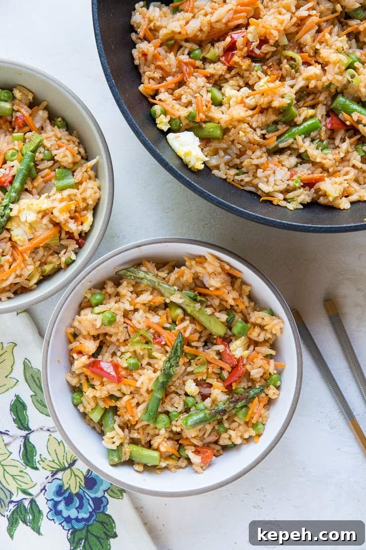 Thai Red Curry Fried Rice with Vegetables - asparagus, bell pepper, peas, and more!